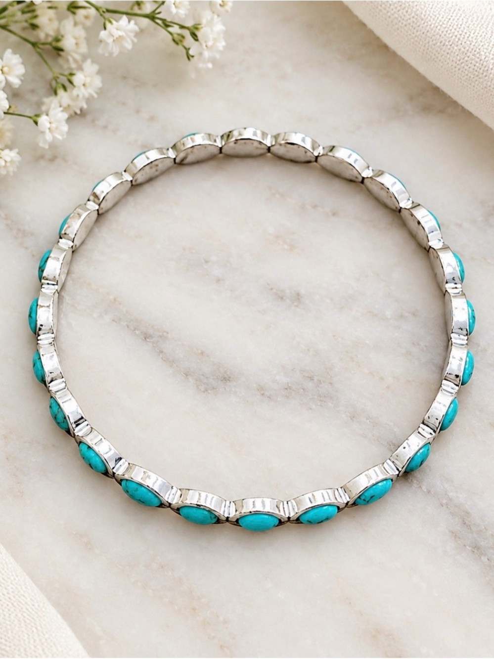 Turquoise Stone Silver-Plate Stretch Bracelet